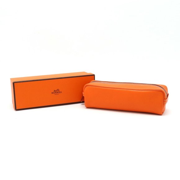 HERMES Scrib Pencil Case Pouch Leather Orange F Stamp - Picture 6 of 6
